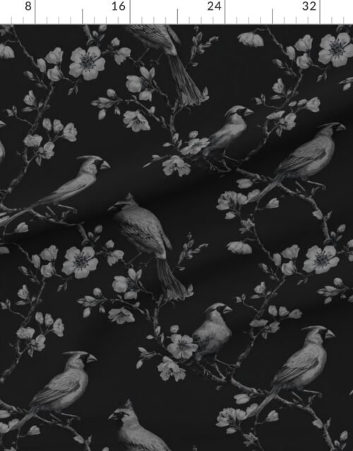 Fabric in Midnight Black Orchard Cardinal Toile Botanical Bird Pattern