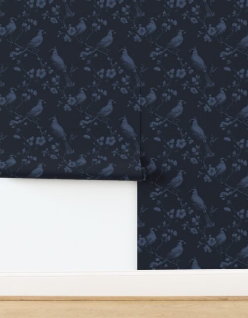 Deep Navy Orchard Cardinal Toile Botanical Bird Pattern Wallpaper