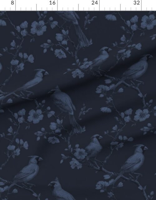 Fabric in Deep Navy Orchard Cardinal Toile Botanical Bird Pattern