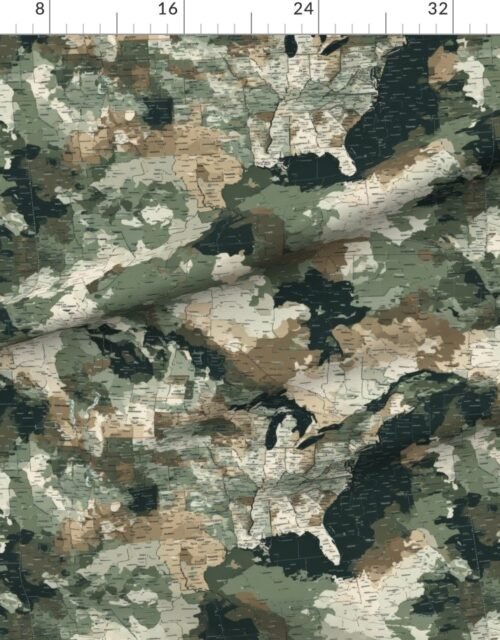Fabric in USA State Outline Camouflage Map Design in Earth Tone Green and Sand