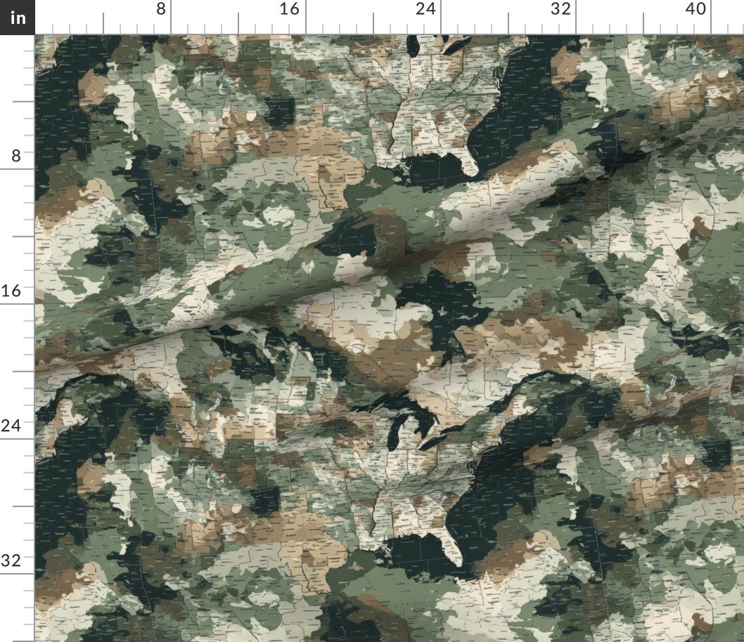 Fabric in USA State Outline Camouflage Map Design in Earth Tone Green and Sand Fabric in USA State Outline Camouflage Map Design in Earth Tone Green and Sand