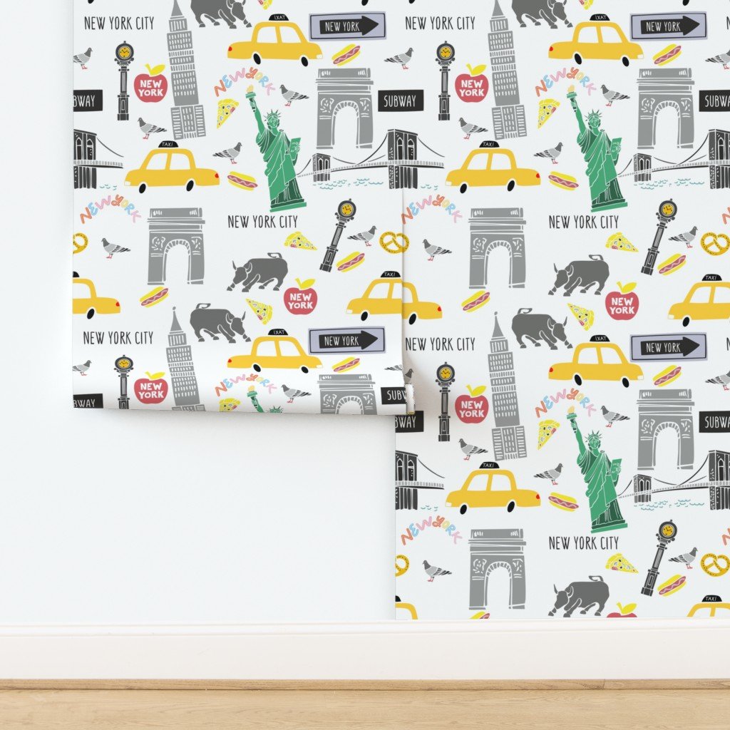 New York City Handdrawn Motifs Empire State Statue of Liberty Yellow Wallpaper design