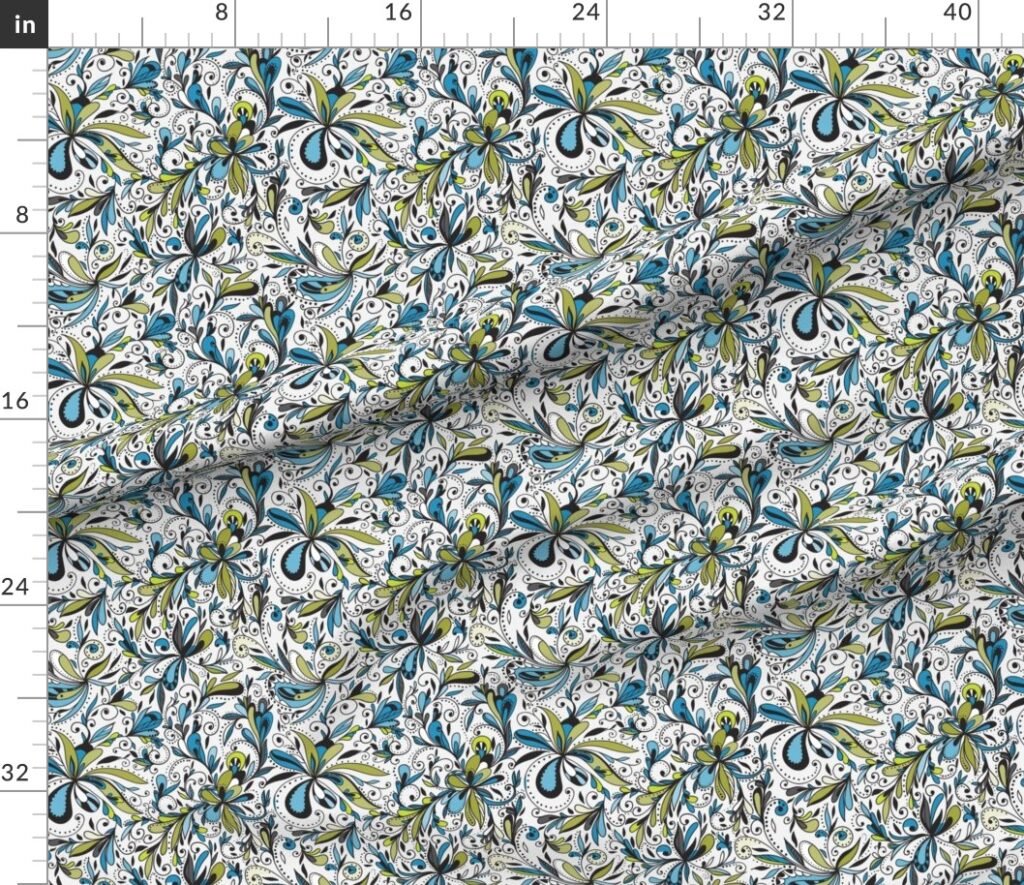 Floral Doodles Seamless Repeat Pattern in Blue and Green Fabric design