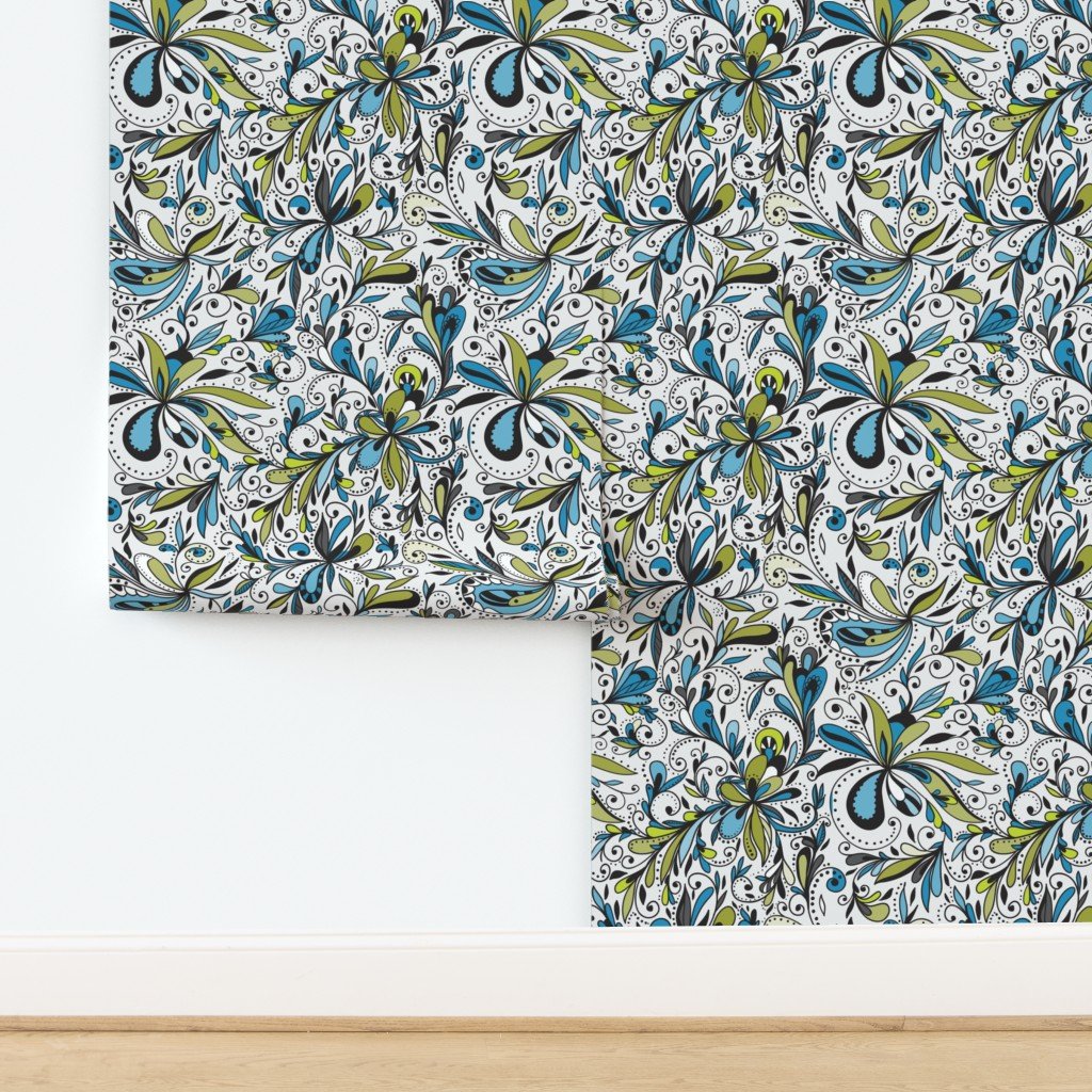 Floral Doodles Seamless Repeat Pattern in Blue and Green Wallpaper design