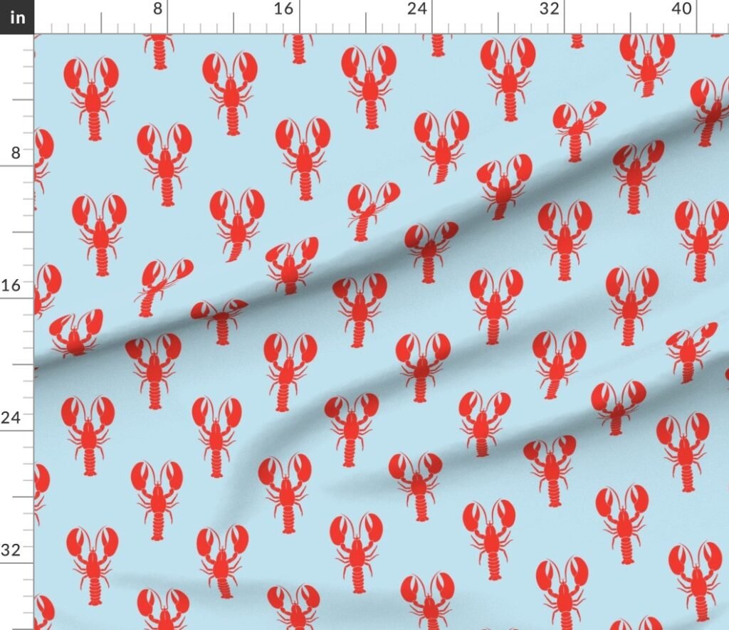 Handdrawn Motif of a Red Lobster on Pale Blue Fabric design
