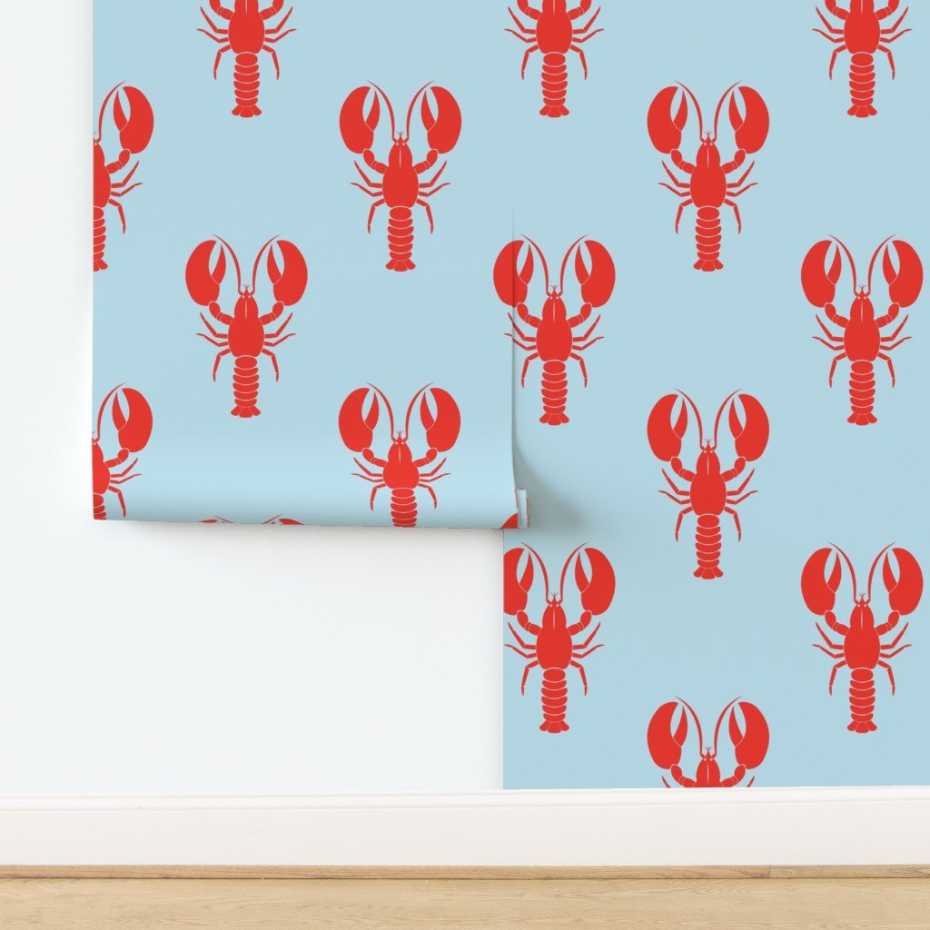 Handdrawn Motif of a Red Lobster on Pale Blue Wallpaper design