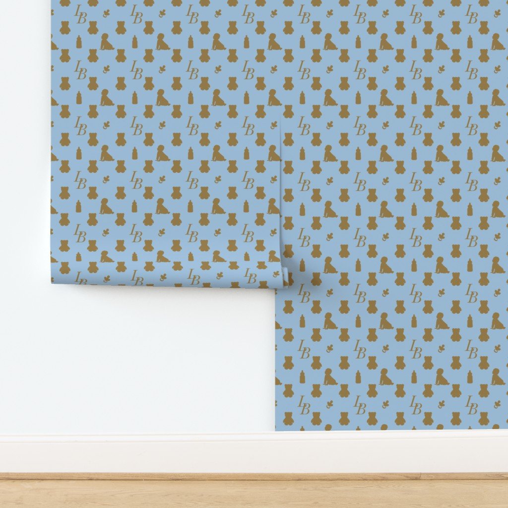 Louis Baby Luxury Iconic Monogram Pattern on Classic Blue with Tan Wallpaper design