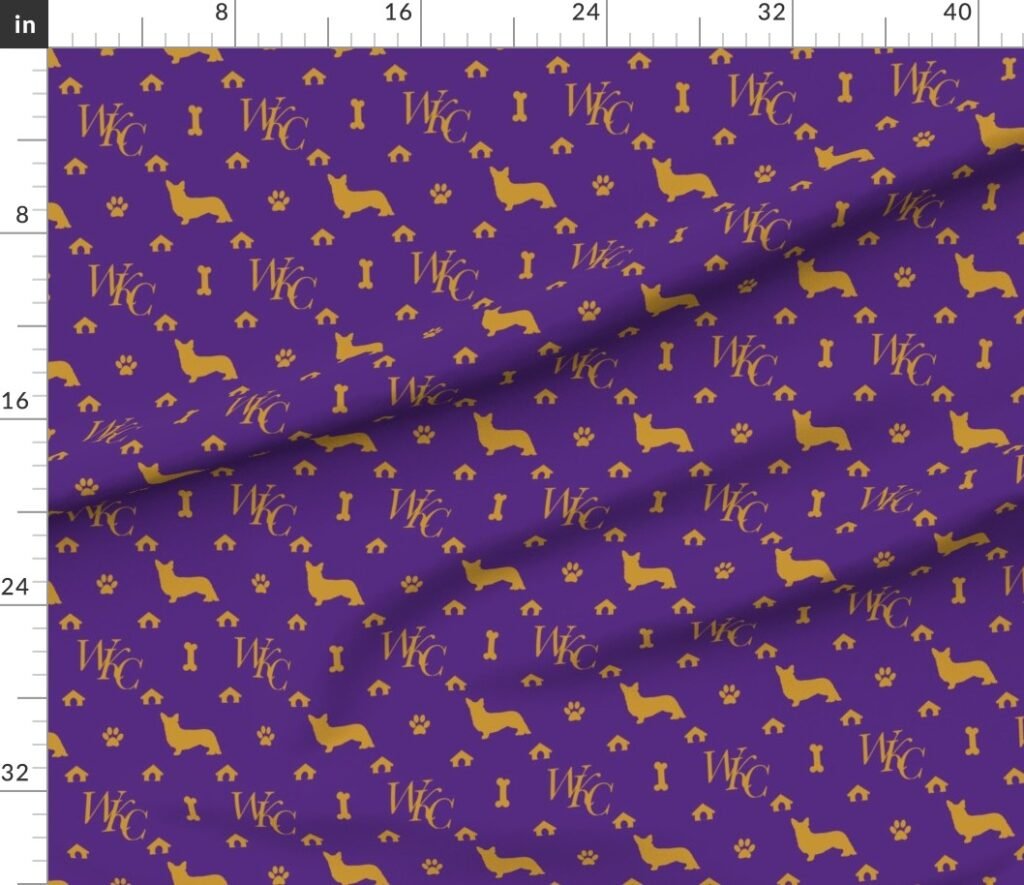 WKC Cardigan Corgis on Purple and Gold Fabric design