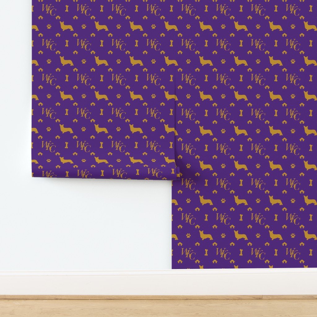 WKC Cardigan Corgis on Purple and Gold Wallpaper design