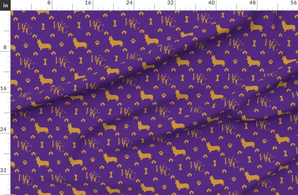 WKC Pembroke Corgis on Purple and Gold Fabric design