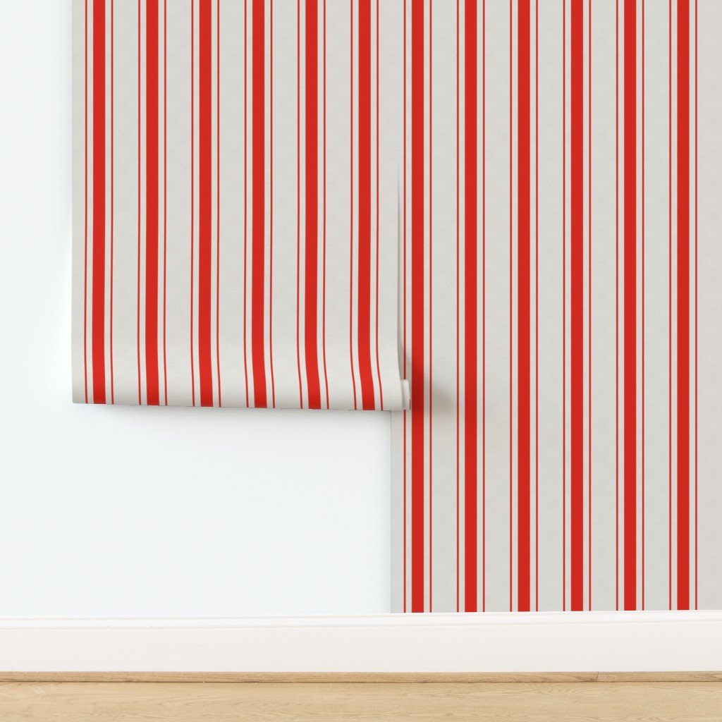 Garnet Red Antique Vintage Mattress Ticking Stripe on Cream Wallpaper design