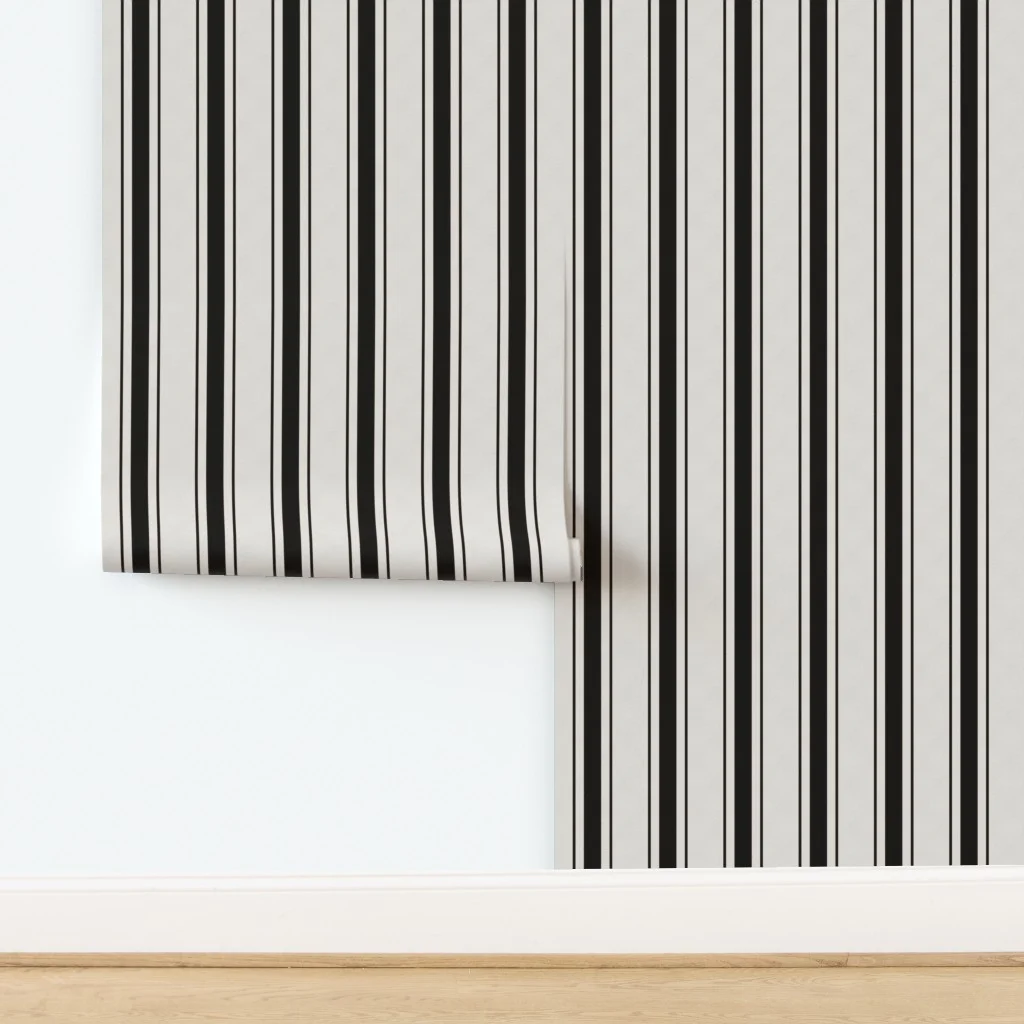 Coal Black Antique Vintage Mattress Ticking Stripe on Cream Wallpaper design