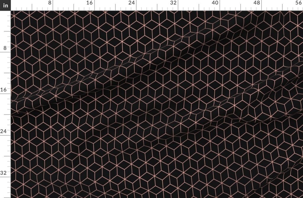 Large Black and Faux Metallic Rose Gold Art Deco 3D Geometric Cubes Fabric design