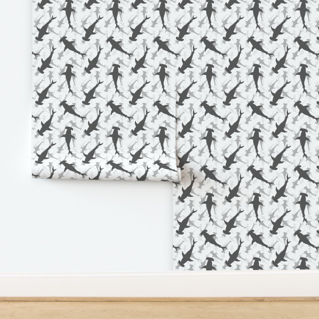 Hammerhead Sharks in Grey Silhouette Circling on White Wallpaper design