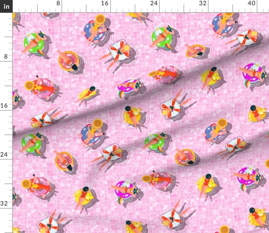 Pink Summer Pool Party with Ring Floats and Swimmers Fabric design
