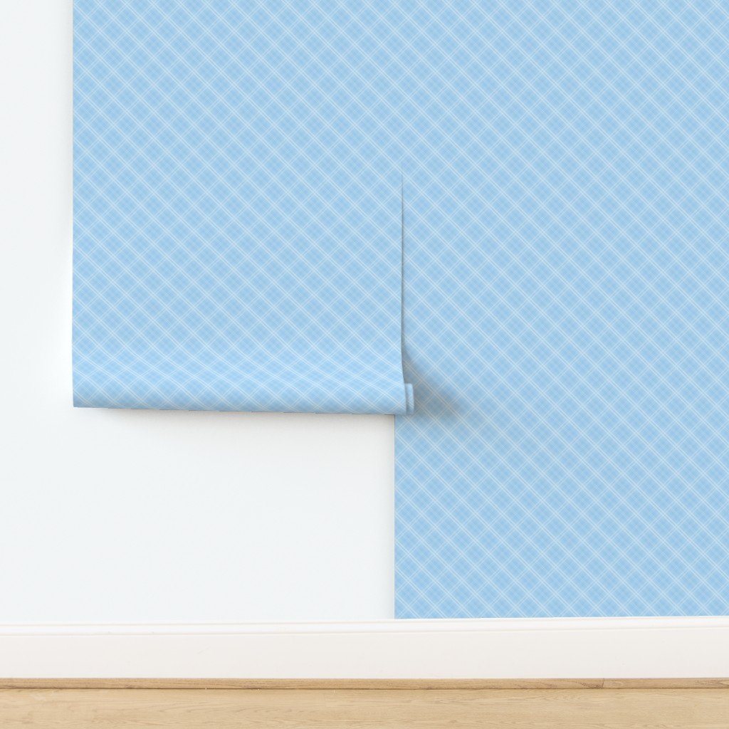 Diagonal Tartan Check Plaid in Pastel Baby Blue with Pale Blue Lines Wallpaper design