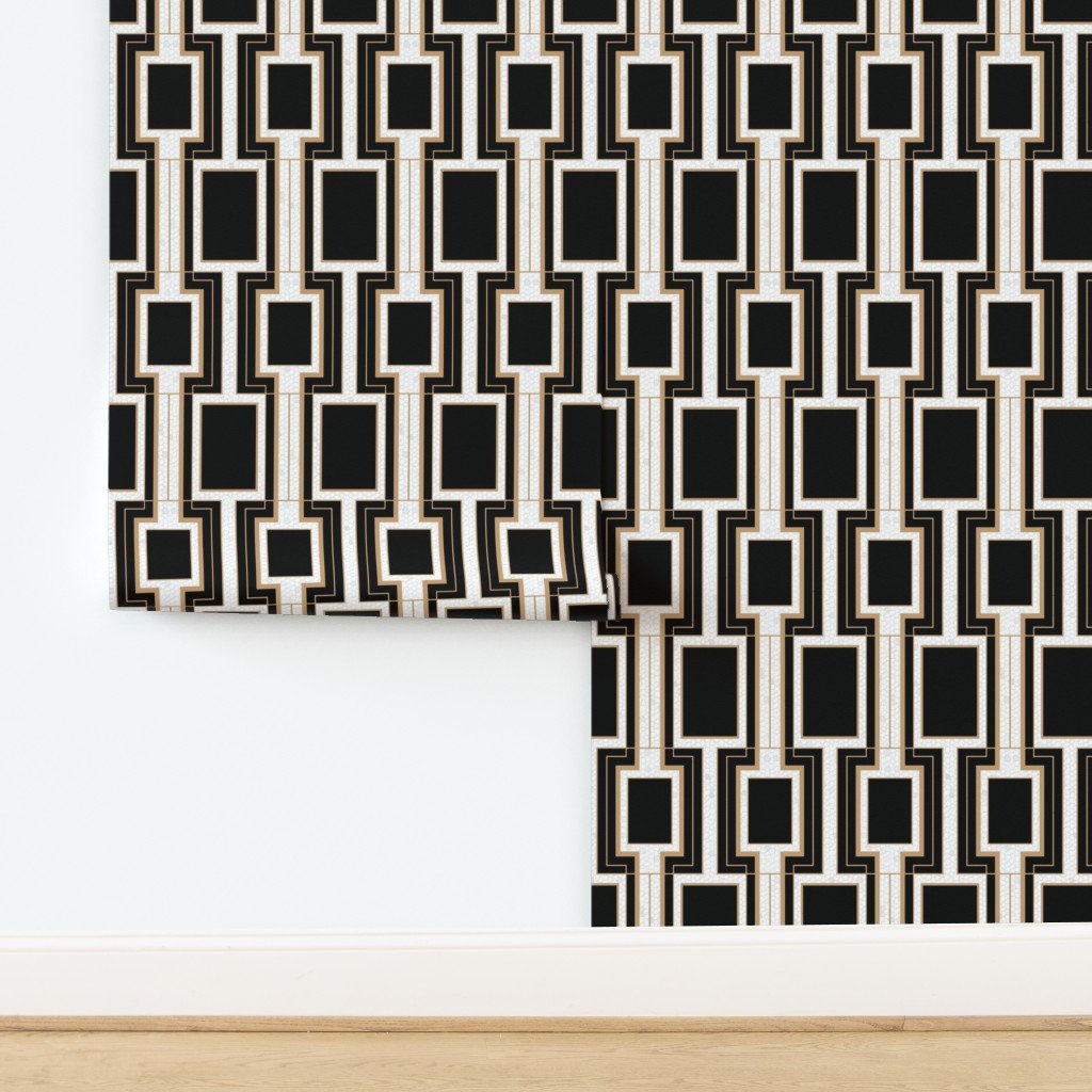 Small Art Deco Geometric Rectangles in Black and Faux Gold with Off Wallpaper design