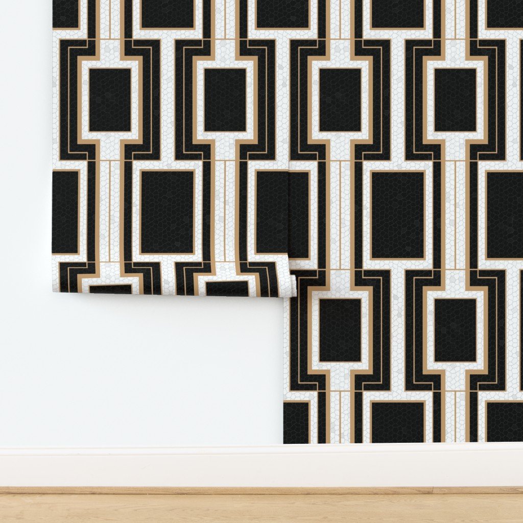 Jumbo Art Deco Geometric Rectangles in Cracked Black and Faux Gold Wallpaper design