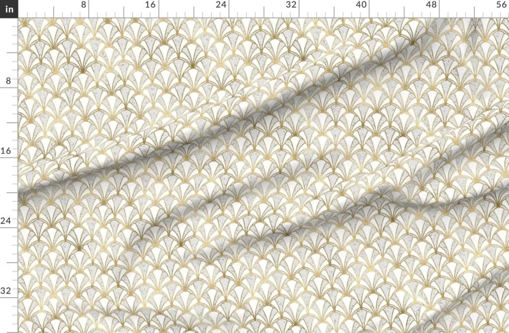 Crackled Cream Scallop Shells in Off White with Gold Art Deco Vintage Fabric design