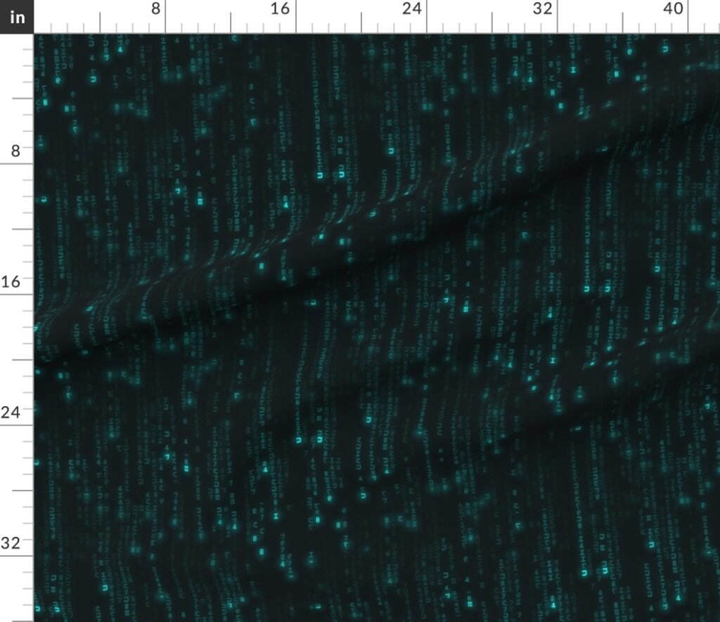 Neon Aqua Digital Rain Computer Code Fabric design