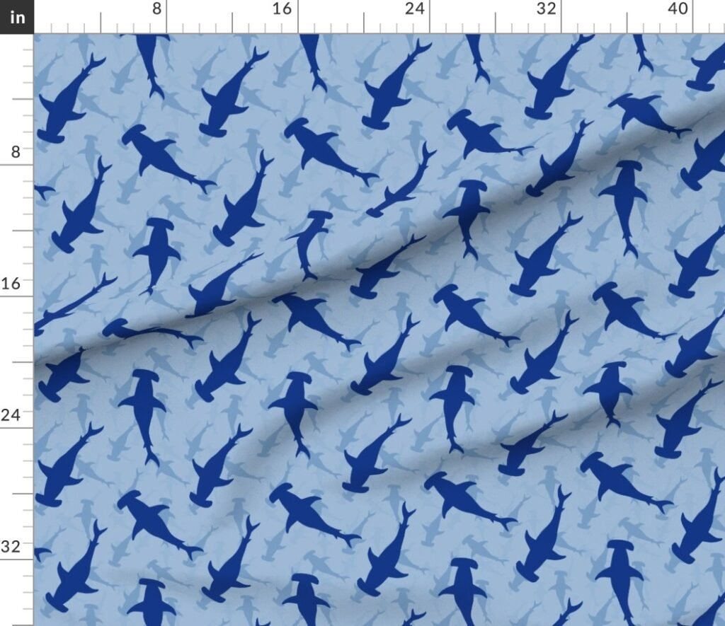 Dark Hammerhead Sharks Silhouette Circling in Sky Blue Water Fabric design