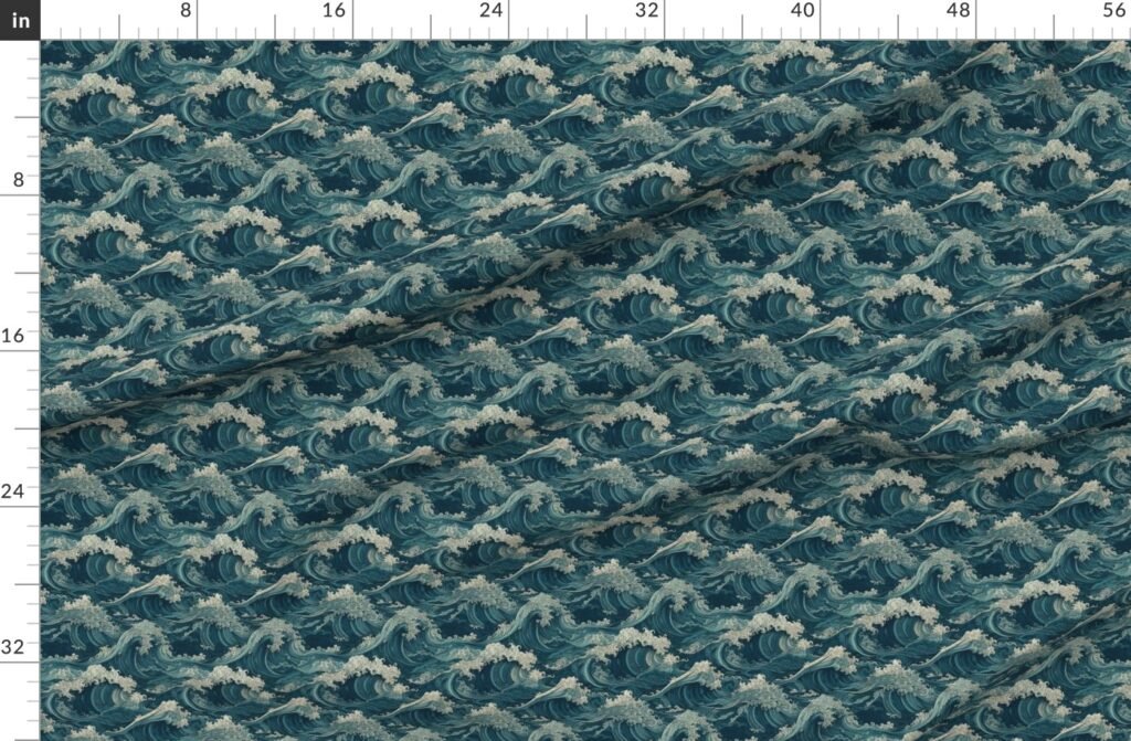 Japanese Woodcut Big Tsunami Waves in Shades of Blue Fabric design