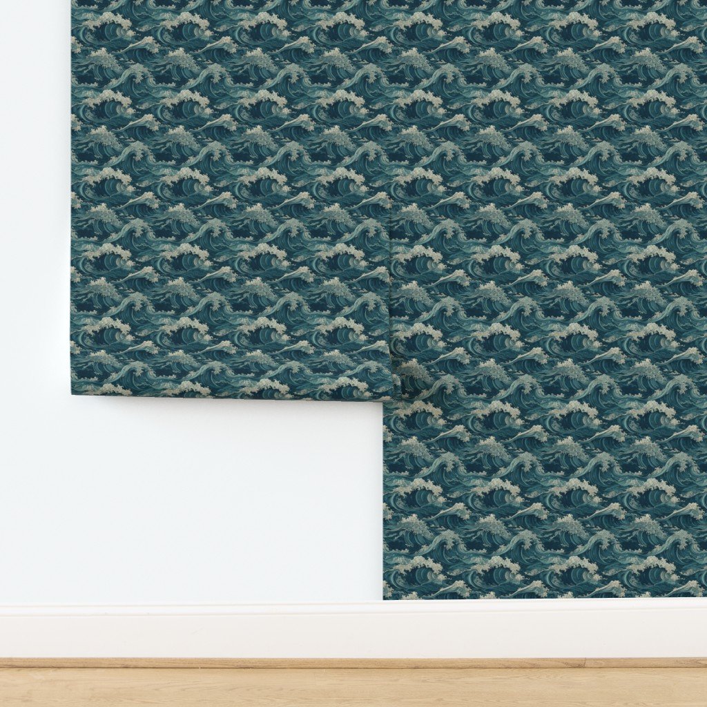 Japanese Woodcut Big Tsunami Waves in Shades of Blue Wallpaper design