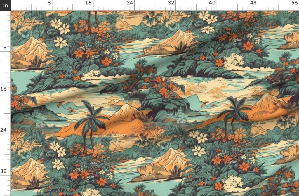 Vintage Hawaiian Landscape Teal Fabric design