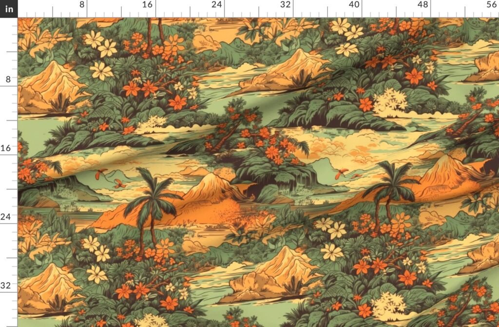 Vintage Hawaiian Landscape Green Fabric design