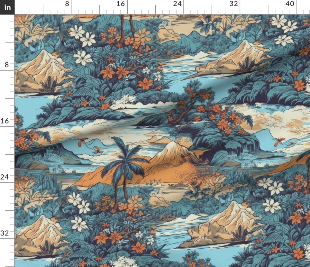 Vintage Hawaiian Landscape Blue Fabric design