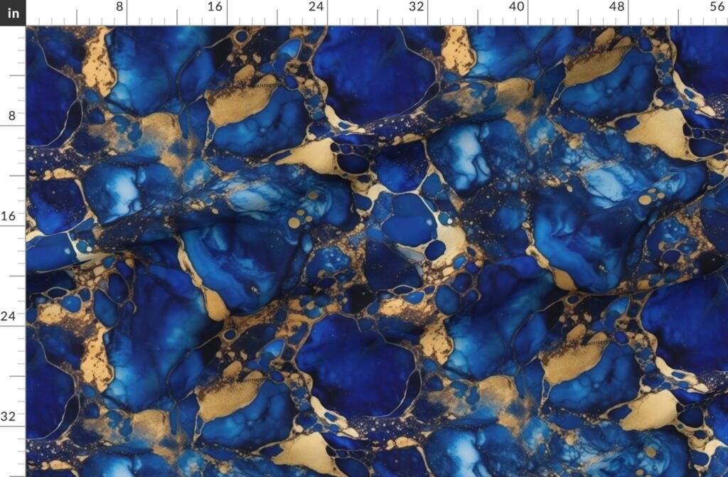 Cobalt Blue and Gold Alcohol Ink 1 Fabric design