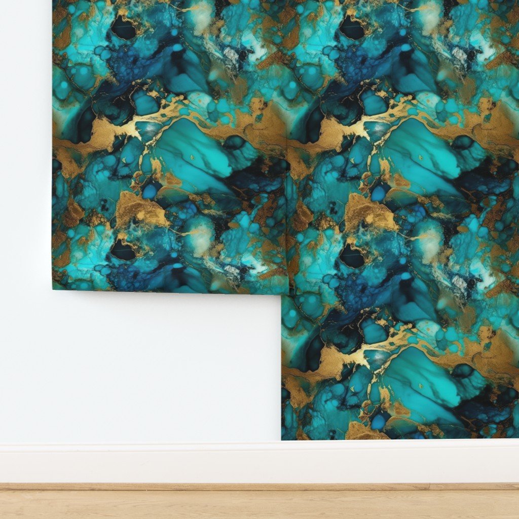 Turquoise and Gold Alcohol Ink 1 Wallpaper design