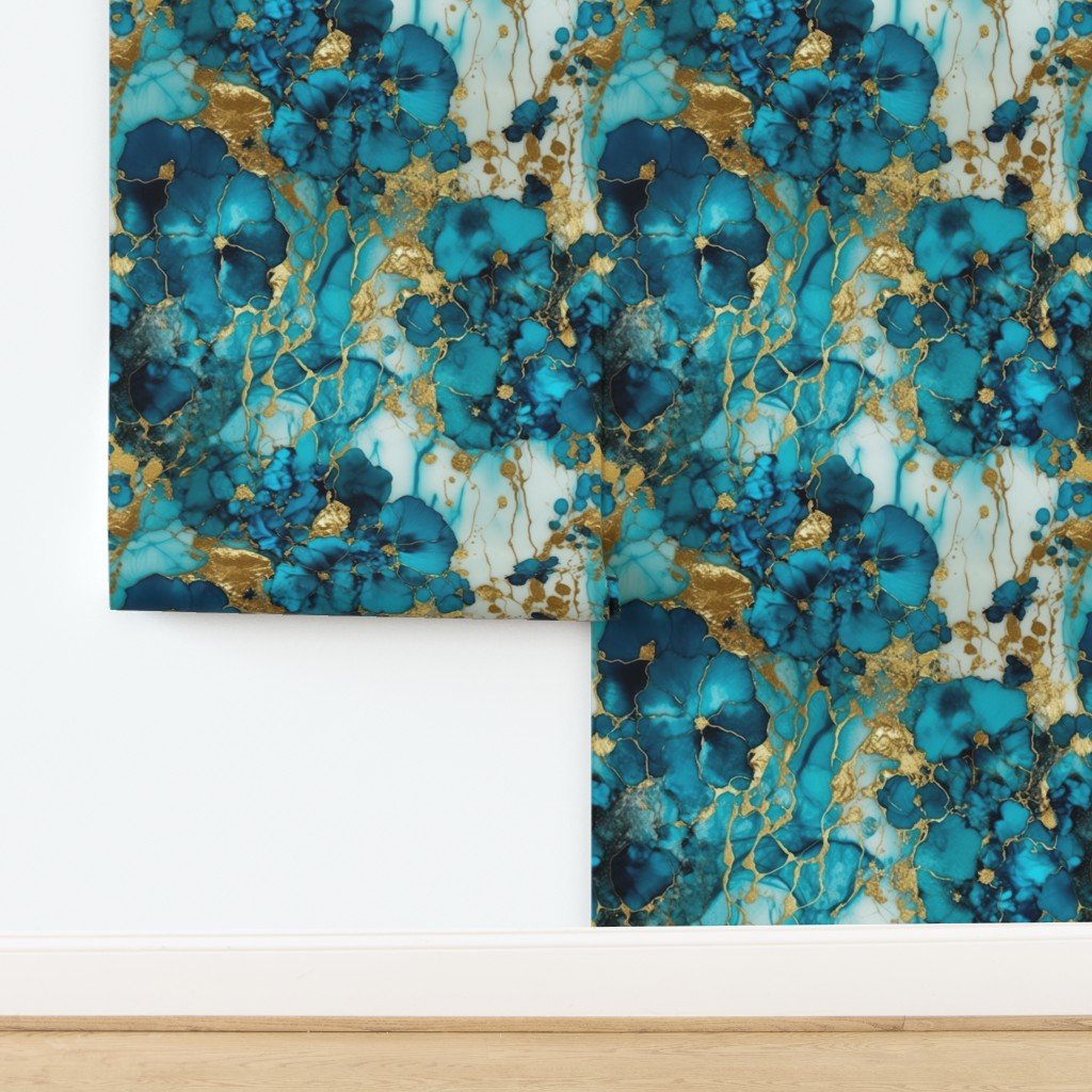 Turquoise and Gold Alcohol Ink 4 Wallpaper design
