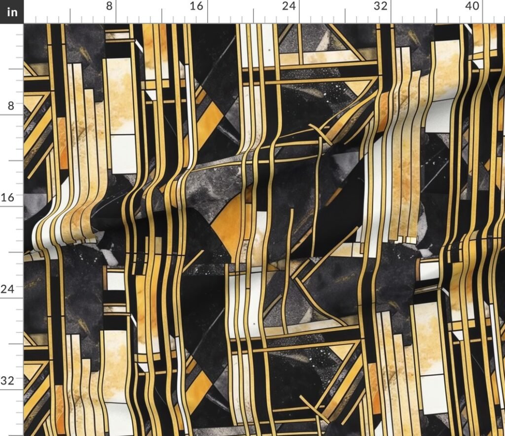 De Stijl black and gold artdeco watercolor Fabric design