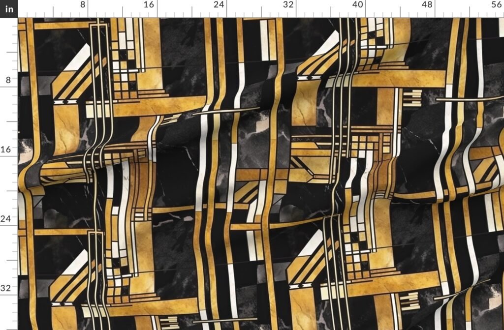 De Stijl Geometric Art Deco Pattern in Black and Gold Fabric design
