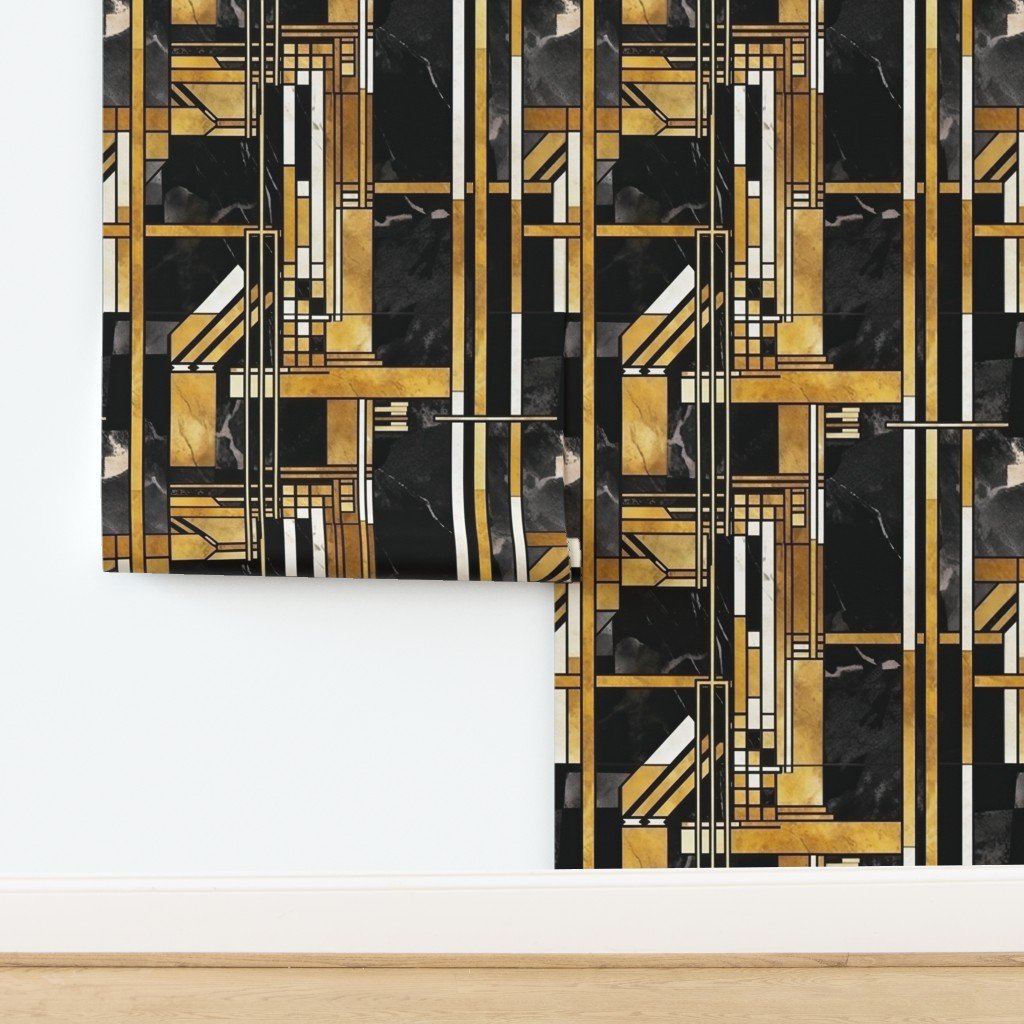 De Stijl Geometric Art Deco Pattern in Black and Gold Wallpaper design