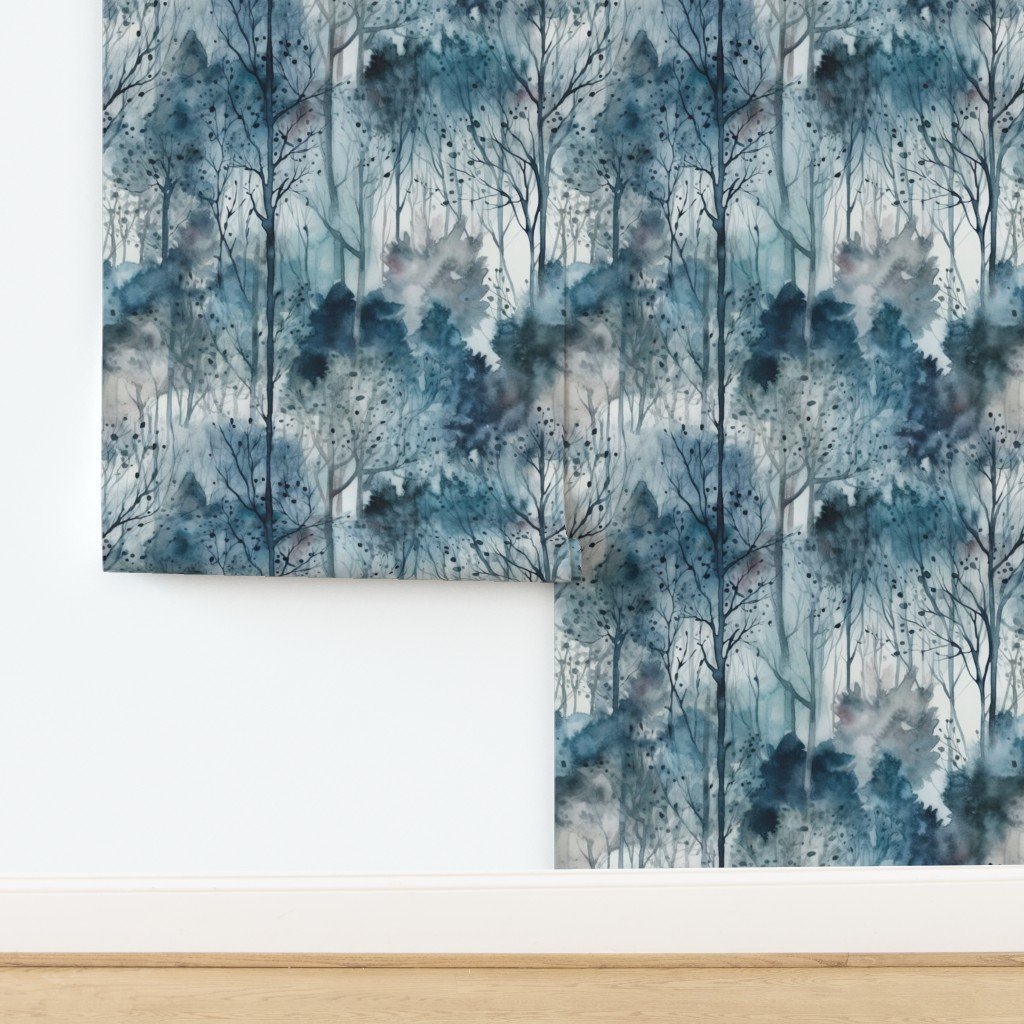 Endless Winter Forest Dreamscape Trees in Misty Forest Wallpaper design