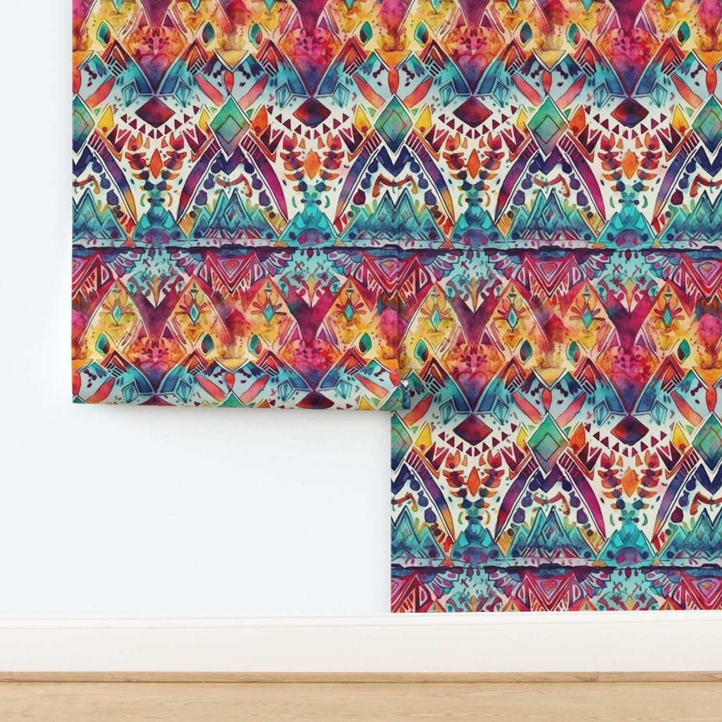 Bright Watercolor Aztec Geometric Pattern Wallpaper design