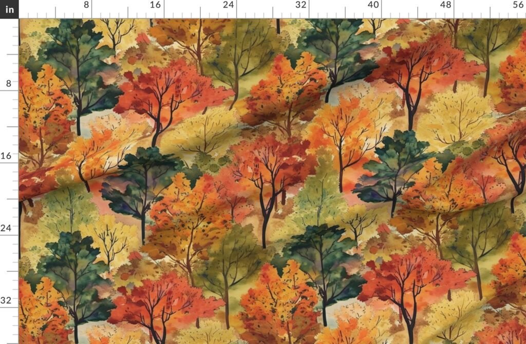 Watercolor of New England Endless Forest Fall Trees Fabric design