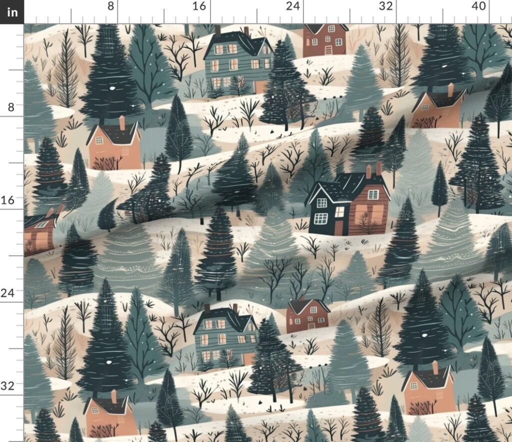 Montana Winter Cabins Montana with Evergreens Fabric design