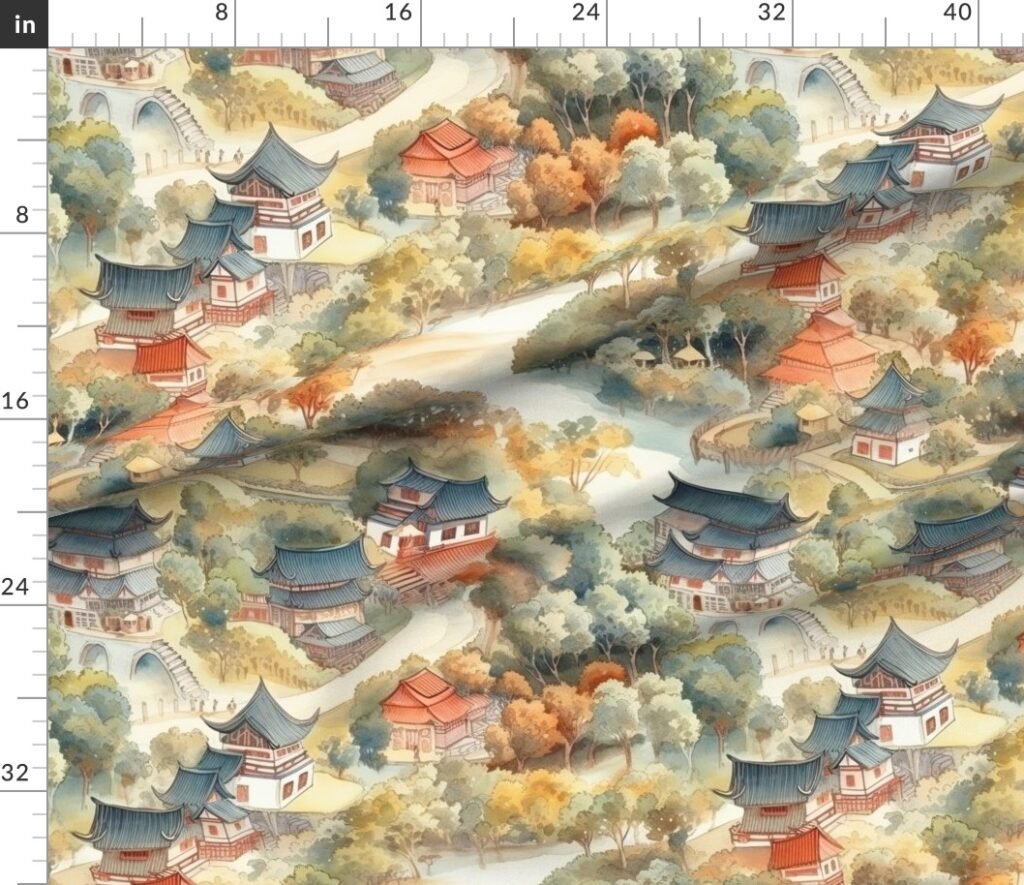 Chinese Village in Forest Watercolor Fabric design