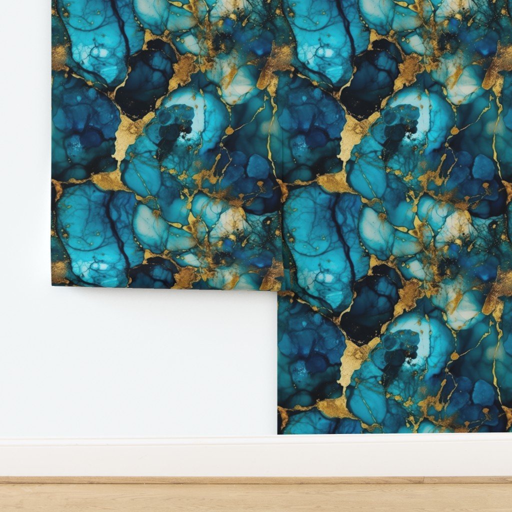 Blue Topaz with Gold Alcohol Ink Wallpaper design