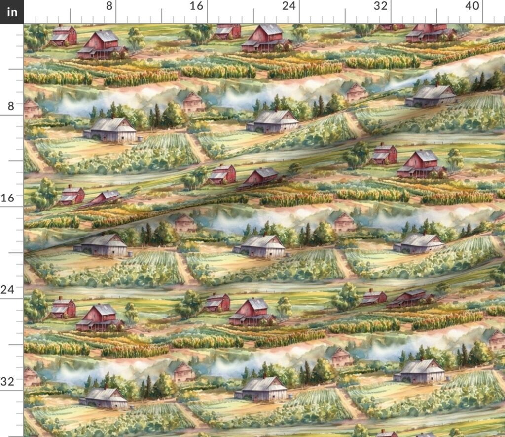 Summer Farm Landscape Watercolor Fabric design