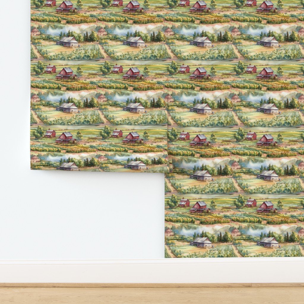 Summer Farm Landscape Watercolor Wallpaper design