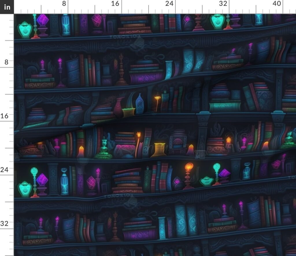 Spooky Photo realistic Dark Academia Bookshelves in Bright Neons Fabric design