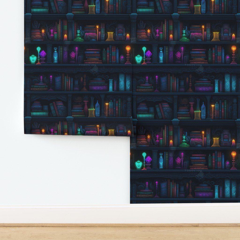 Spooky Photo realistic Dark Academia Bookshelves in Bright Neons Wallpaper design