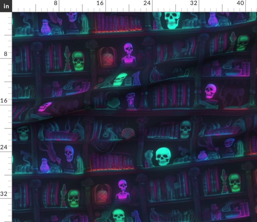 Spooky Photo realistic Dark Academia Bookshelves in Bright Neons Fabric design