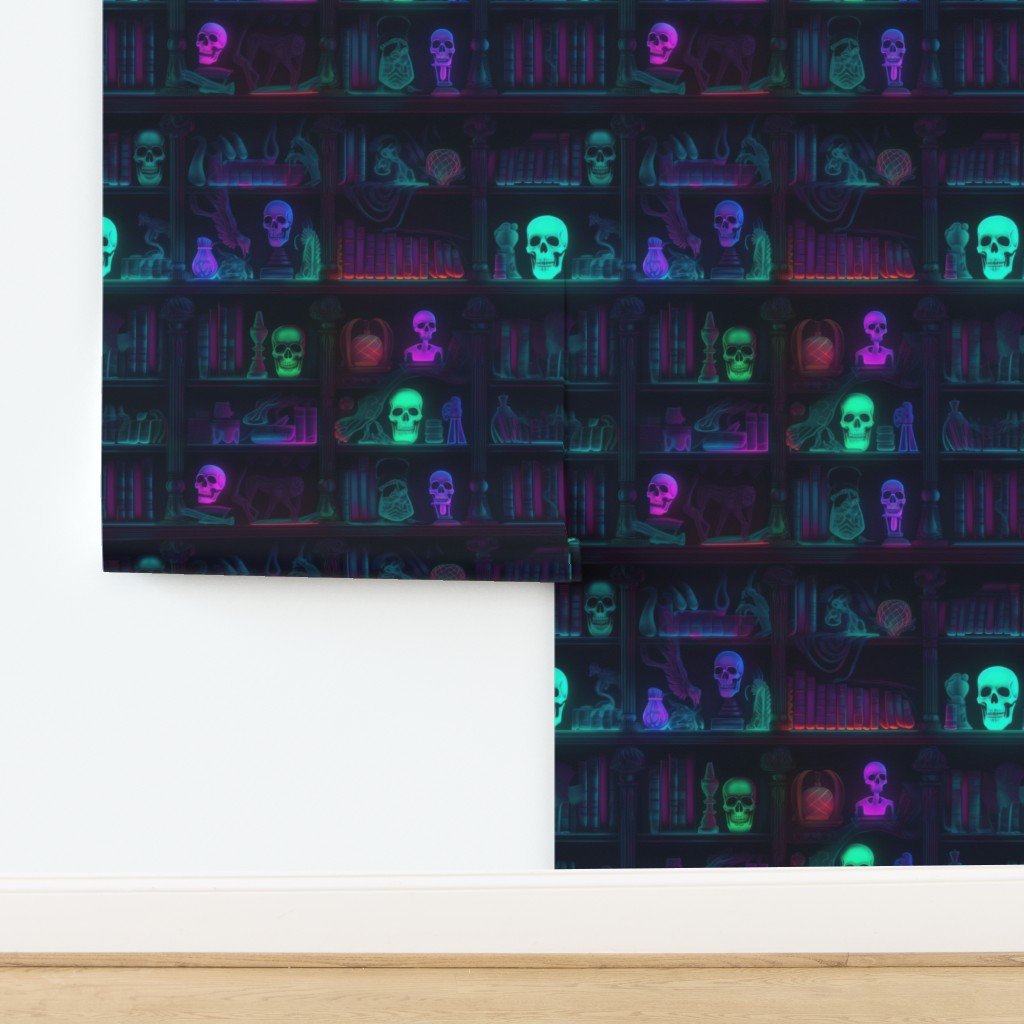 Spooky Photo realistic Dark Academia Bookshelves in Bright Neons Wallpaper design