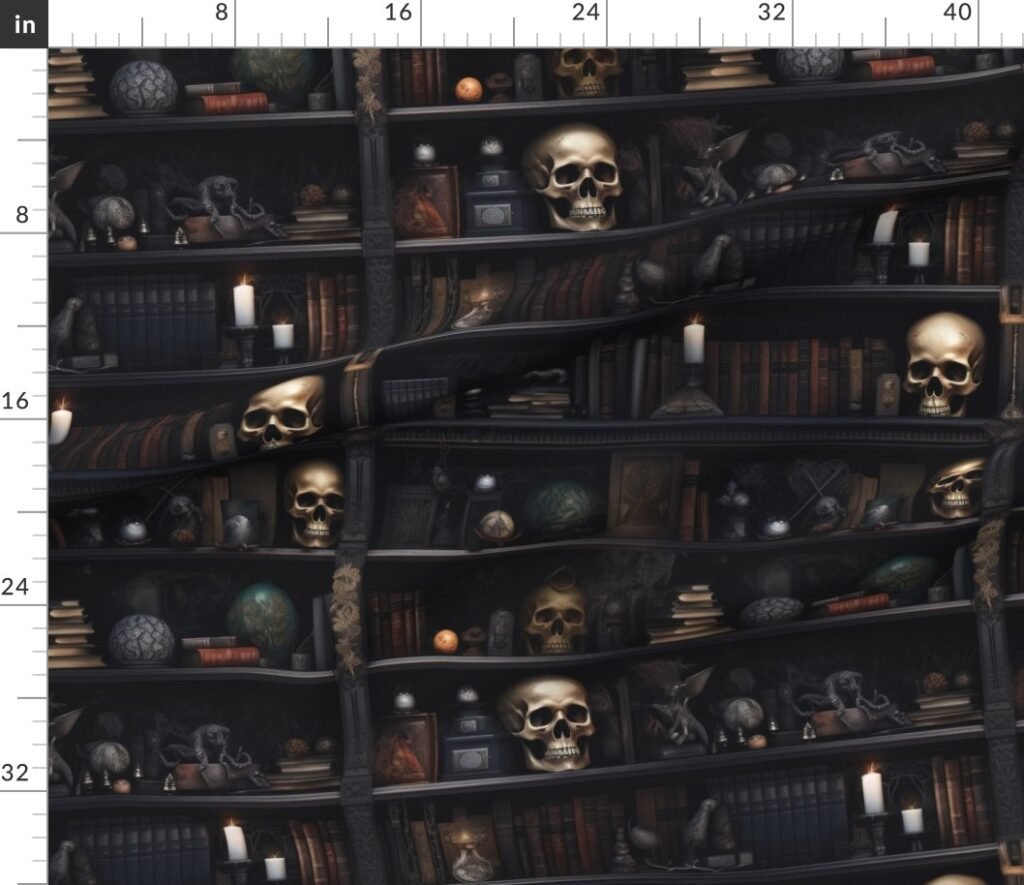 Spooky Photo realistic Dark Academia Bookshelves in Muted Tones with Fabric design