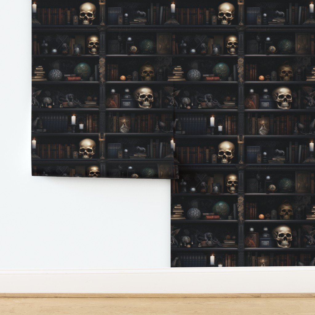 Spooky Photo realistic Dark Academia Bookshelves in Muted Tones with Wallpaper design